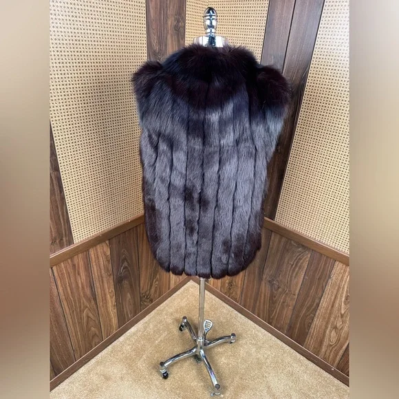BEAUTIFUL VINTAGE DARK BROWN ALMOST BLACK FOX FUR VEST JACKET COAT LARGE - Picture 5 of 10